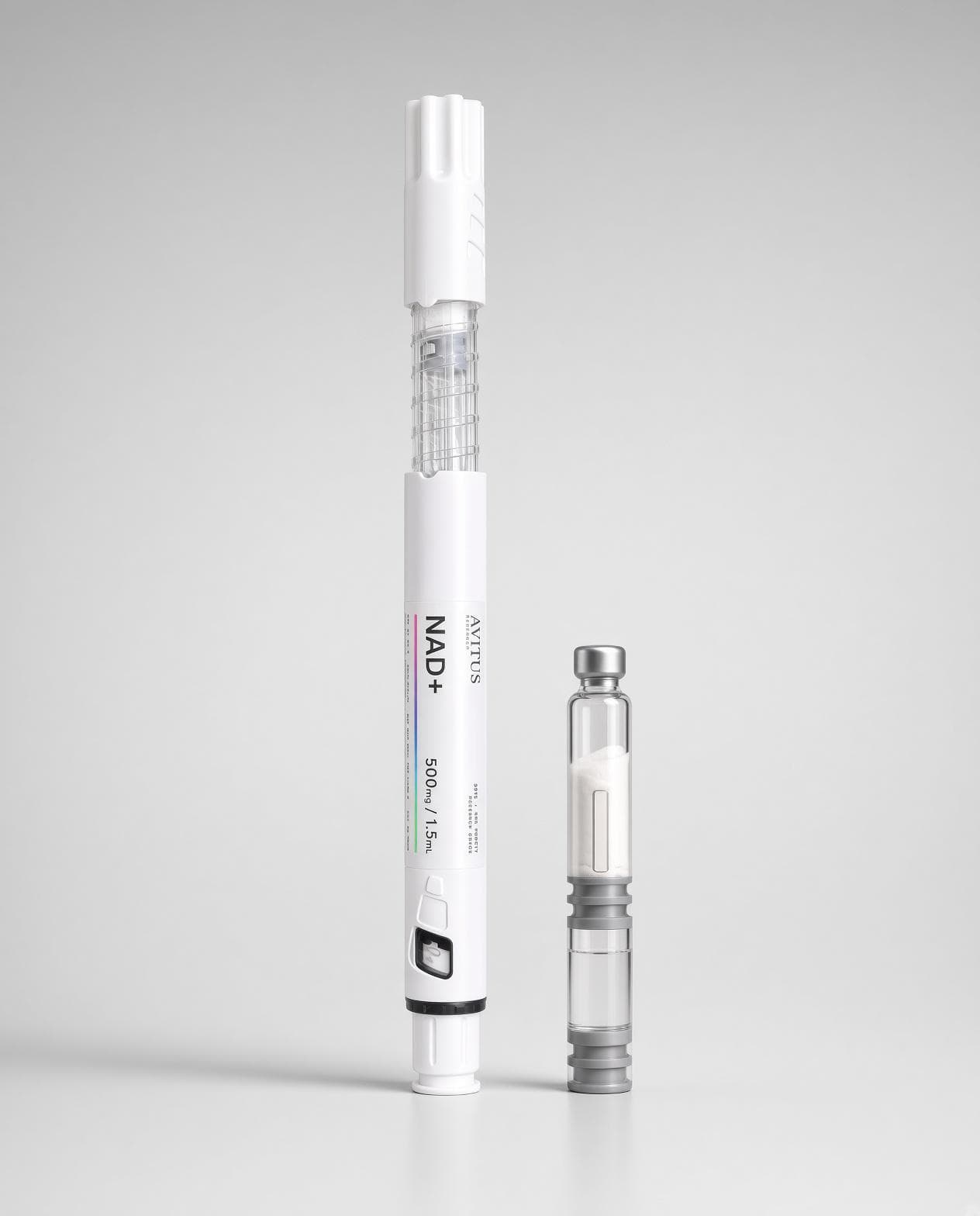 Avitus NAD+ dual-chamber pen and separate cartridge on a light background